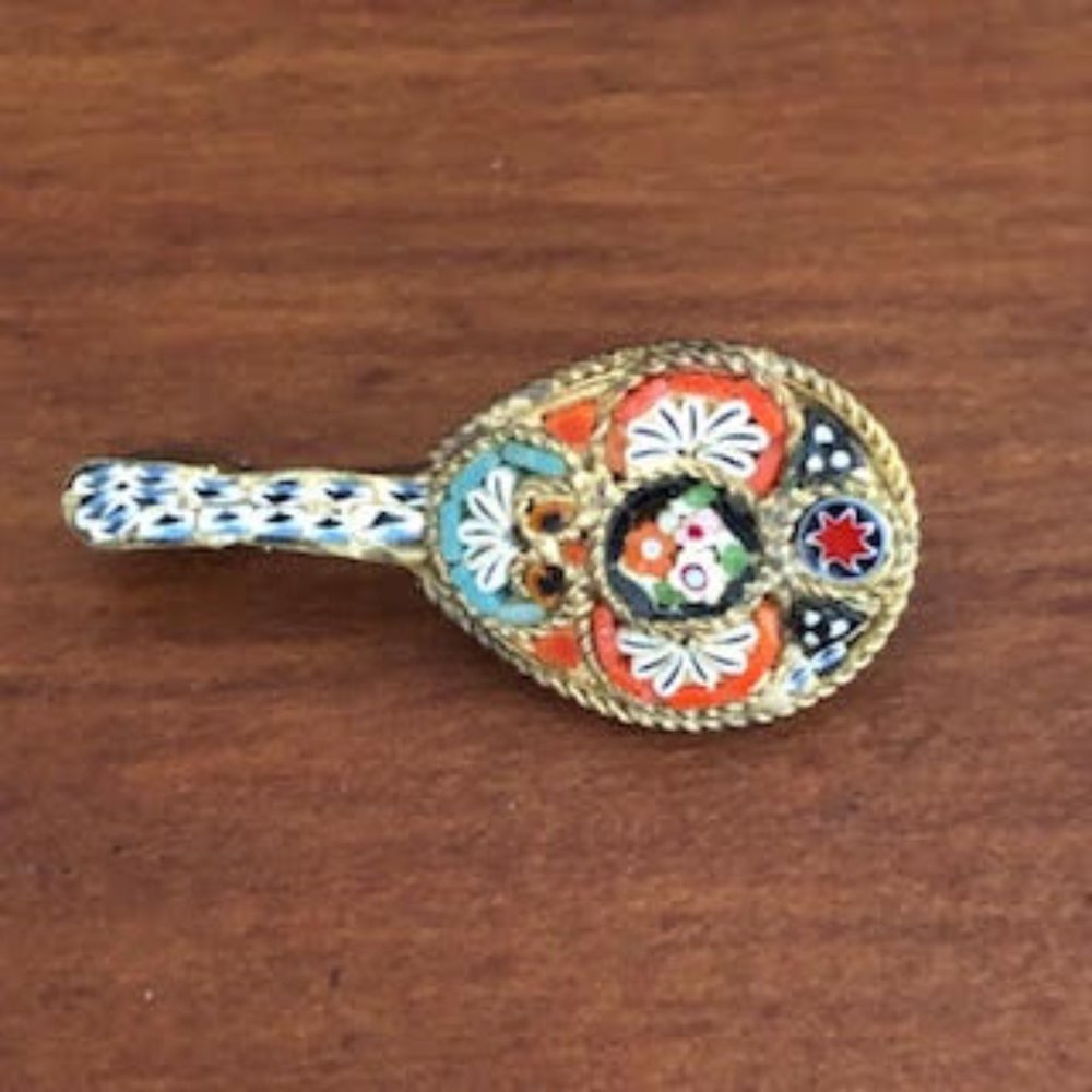 Vintage Mandolin Shaped Pin Clasp on inlay design floral, delicate pin